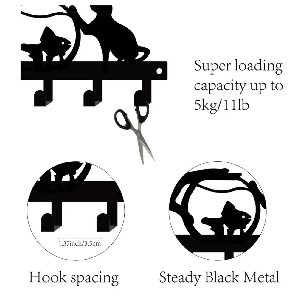 New Cat / Fish Bowl black metal wall hanger with hooks